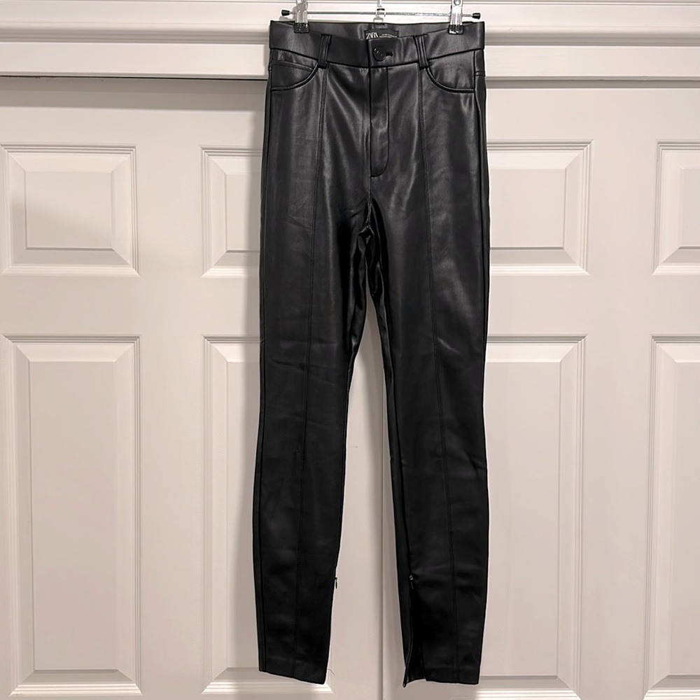 Zara Black Skinny Leather Pants with zippers at the bottom